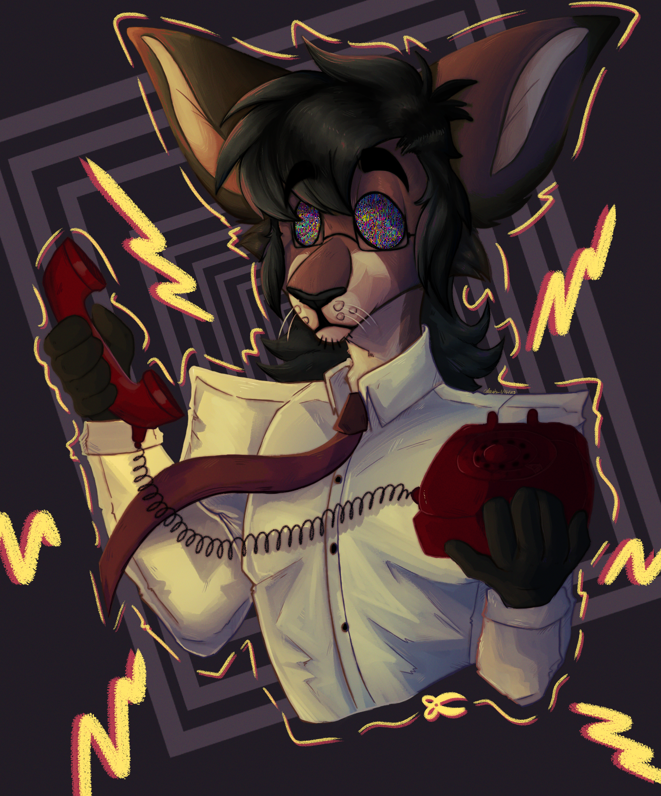 A drawing of a brown and cream oriental shorthair with black hair and tv static eyes in a white button up holding a red phone. The piece has a warm coloration to it