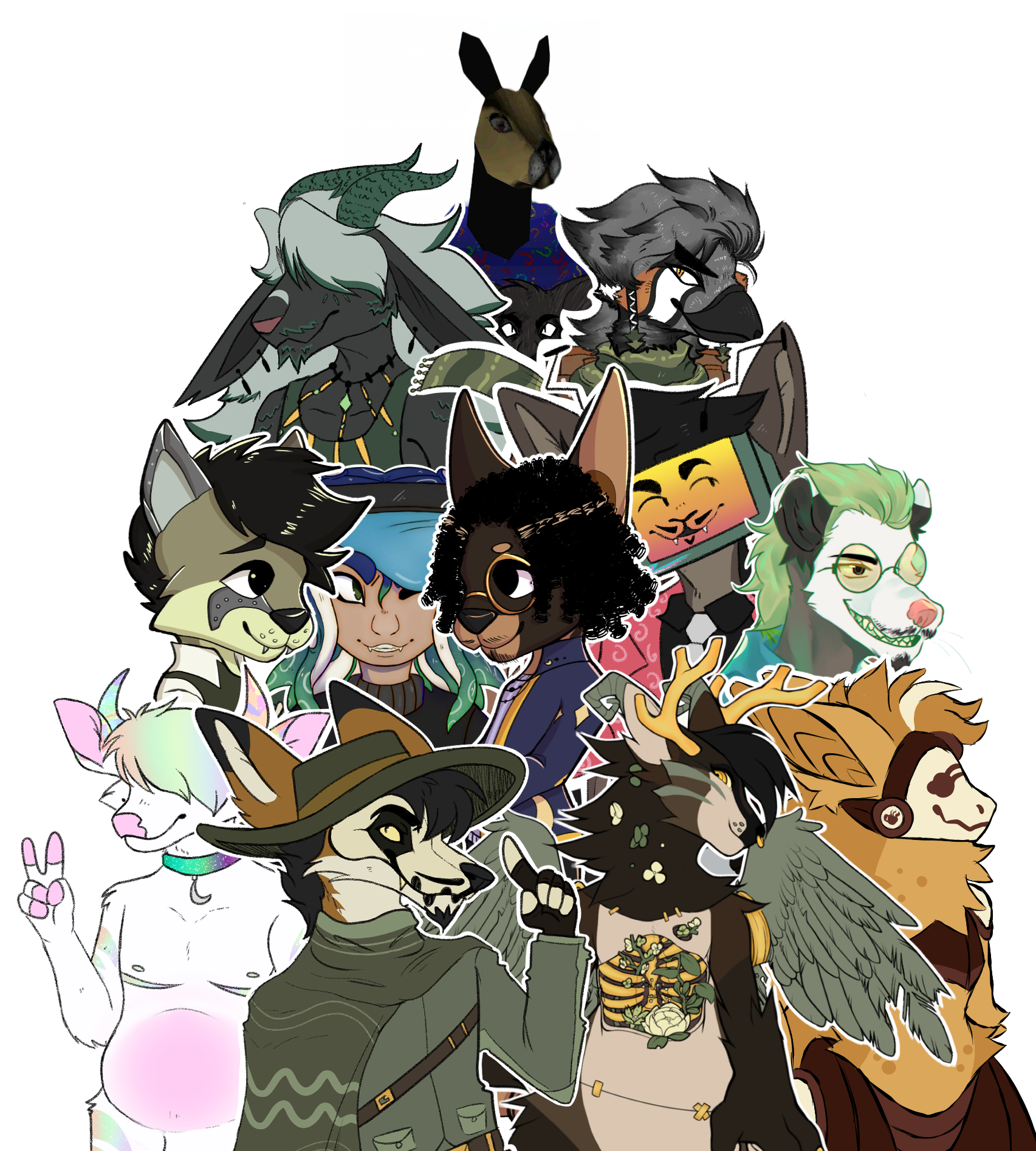 A collage of 8 different halfbody drawings featuring a maned wolf in a widebrimmed hat, a white and rainbow highland cow, a natural colored canine with wings, a natural colored steampunk themed coyote, a octoling with green and blue tenticale hair, a tv head with cat like features, a kanagroo in a button up, and an anthro zebra finch