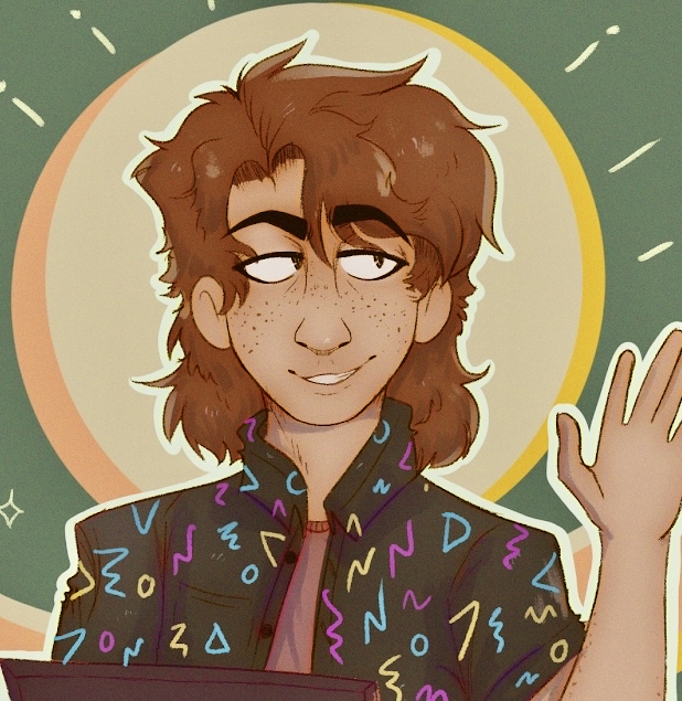 A drawing of a white skinned person with freckles and mid length auburn hair, wearing an arcade carpet button up