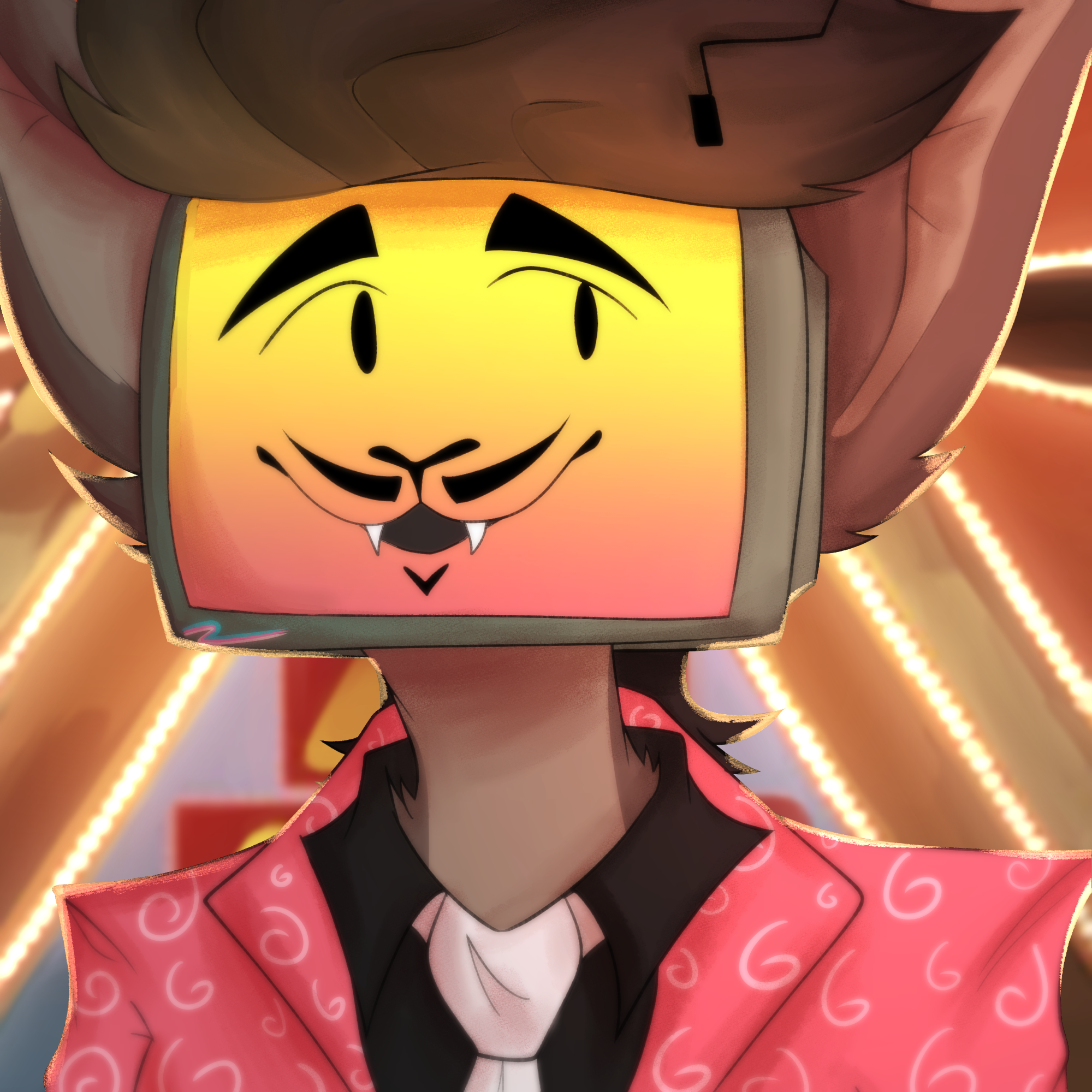 A drawing of a character with a dark teal tv head, warm colored screen with a feline face with a moustache and goatee, brown fur, long ears, and slick back black hair