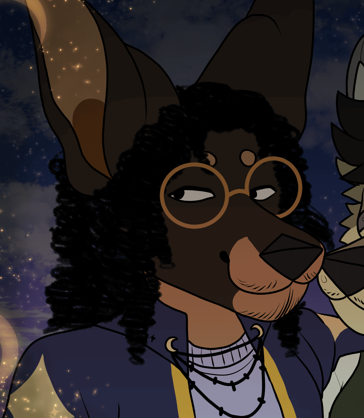 A drawing of a dark brown and cream colored doberman with dark facial hair and curly hair wearing gold rimmed glasses