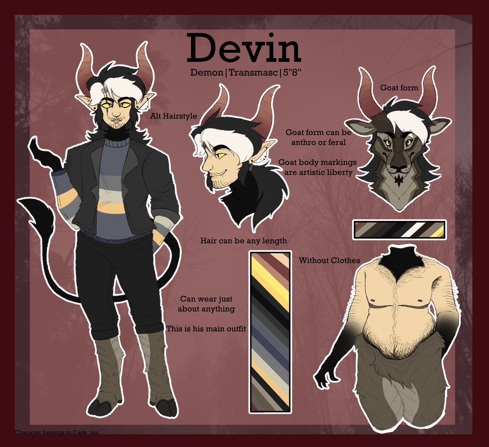 a reference sheet of a demon character with white an black hair, red and orange horns, a black tail, hooved feet, and a grey jacket, Also featurong a natural colored goat head