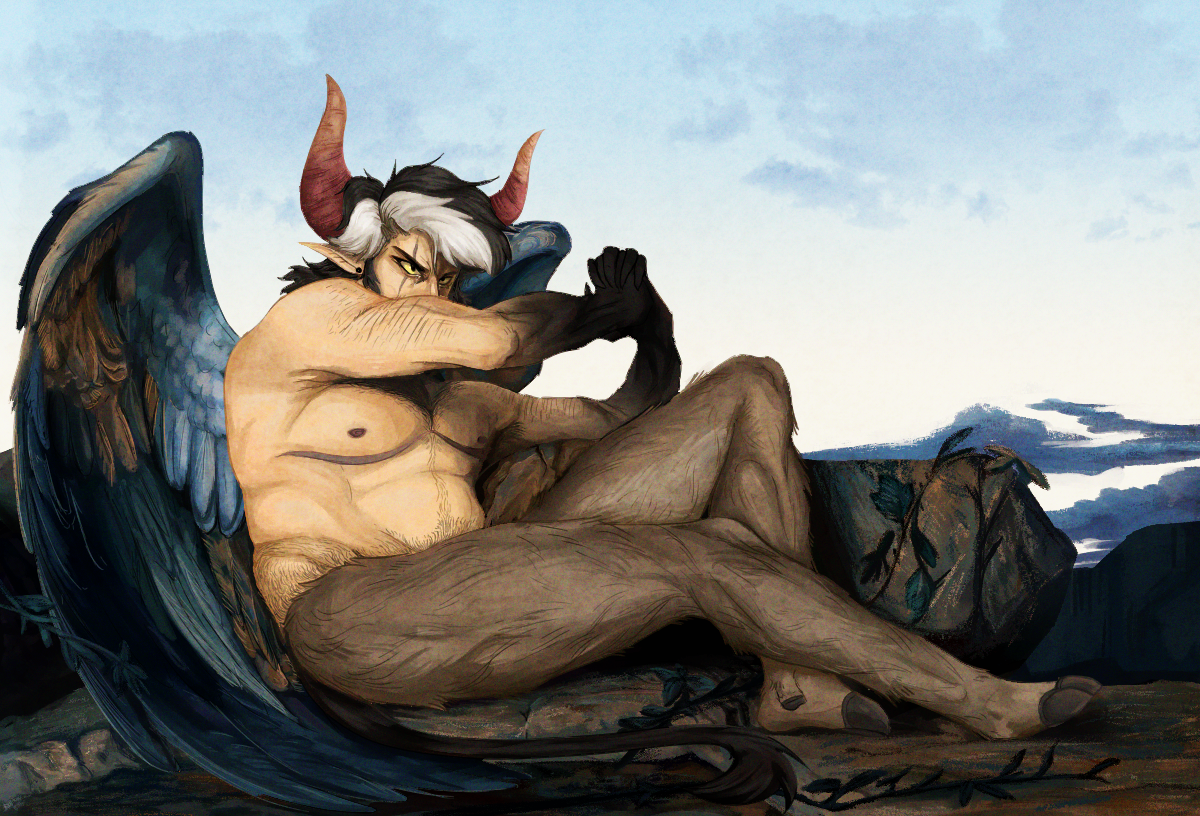 A painting depicting a nude demon with black and white hair, black wings, red and orange horns, fare skin that fades to black by the hands and goat legs. He is sitting on a rocky cliff with vines on the rocks and a light blue sky behind him. One of his arms is partially obscuring the view of the bottom half of his face.