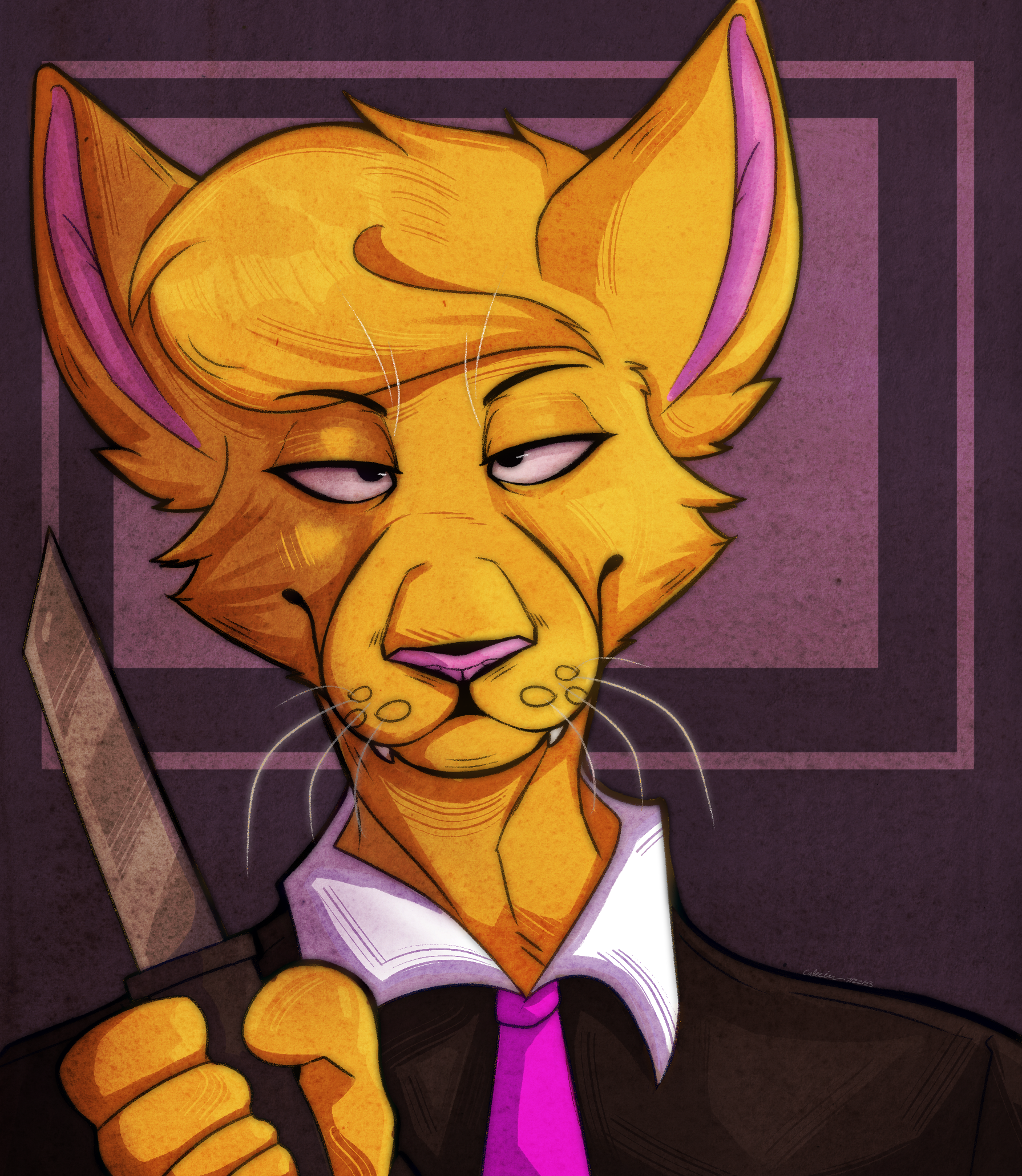 A drawing of an yellow cat in a tuxedo with a pink tie holding up a knife and facing the camera