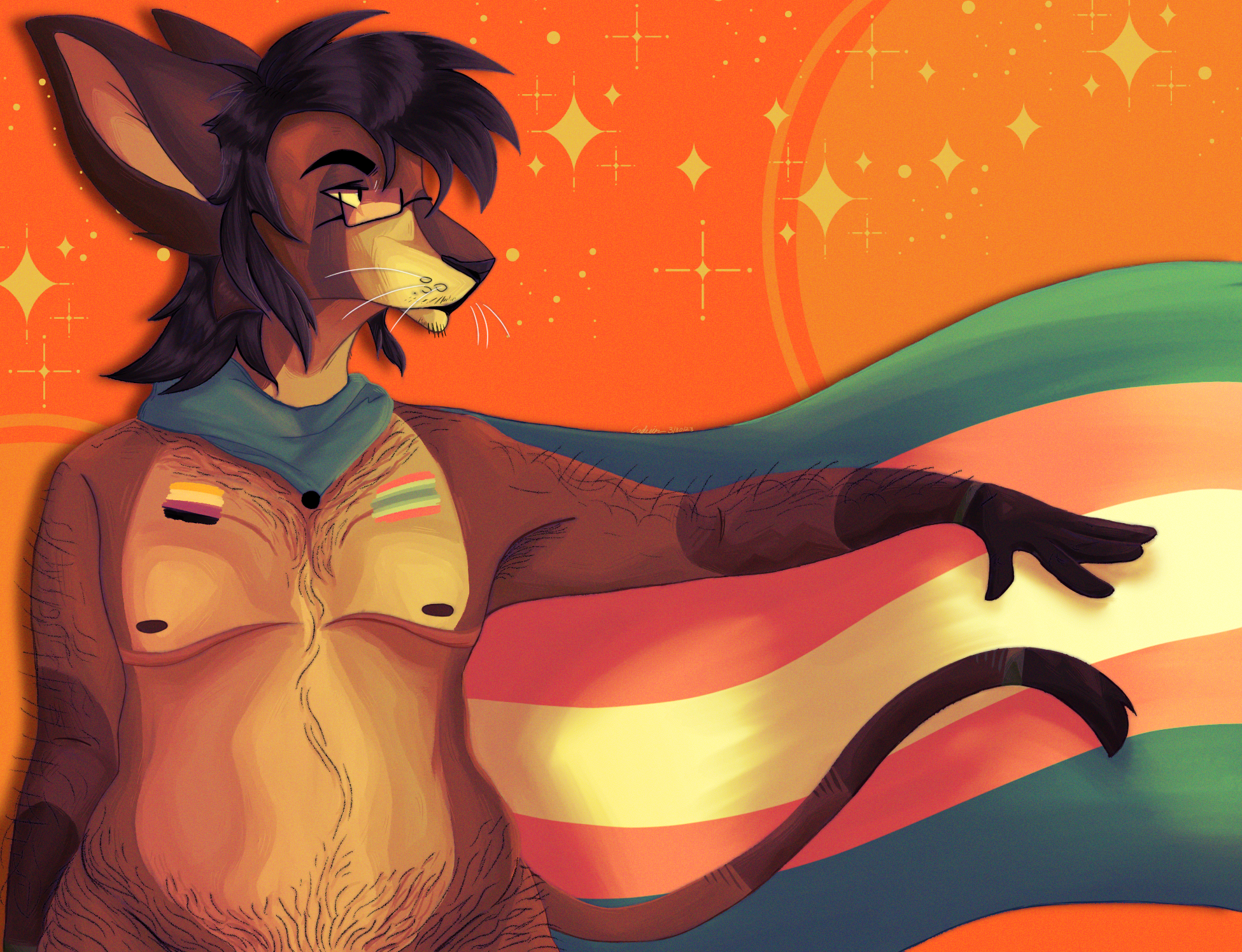 A painting with a orange hue of a brown and cream colored transmasc oriental shorthair showing his chest with top surgery scars and facing his head to rhe right while the trans flag flows behind him