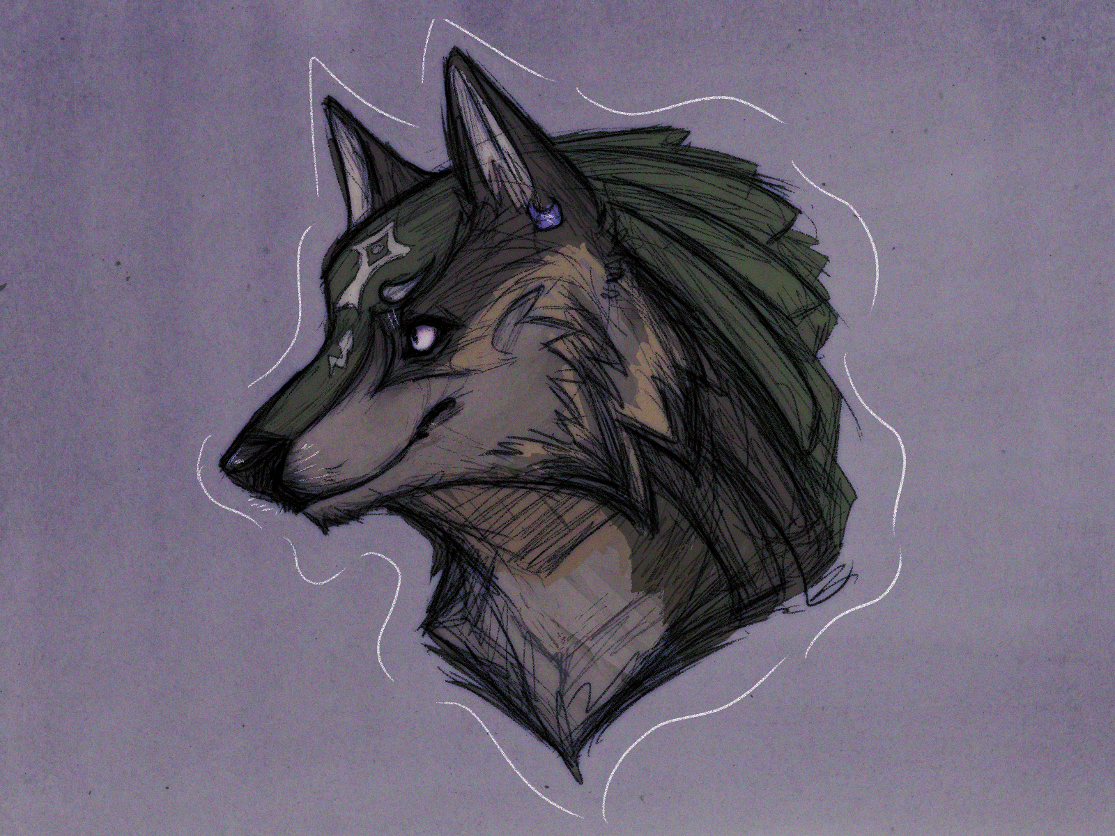 A colored sketch of a wolf with a cream colored muzzle, brown fur on his face, and dark green accross the top of his muzzle and face wearing a blue earing. The wolf is facing the left and is on a purple background