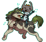 pixel art of wolf link, a brown wolf with a white chest and green back, with midna, a small grey and teal imp, riding on his back